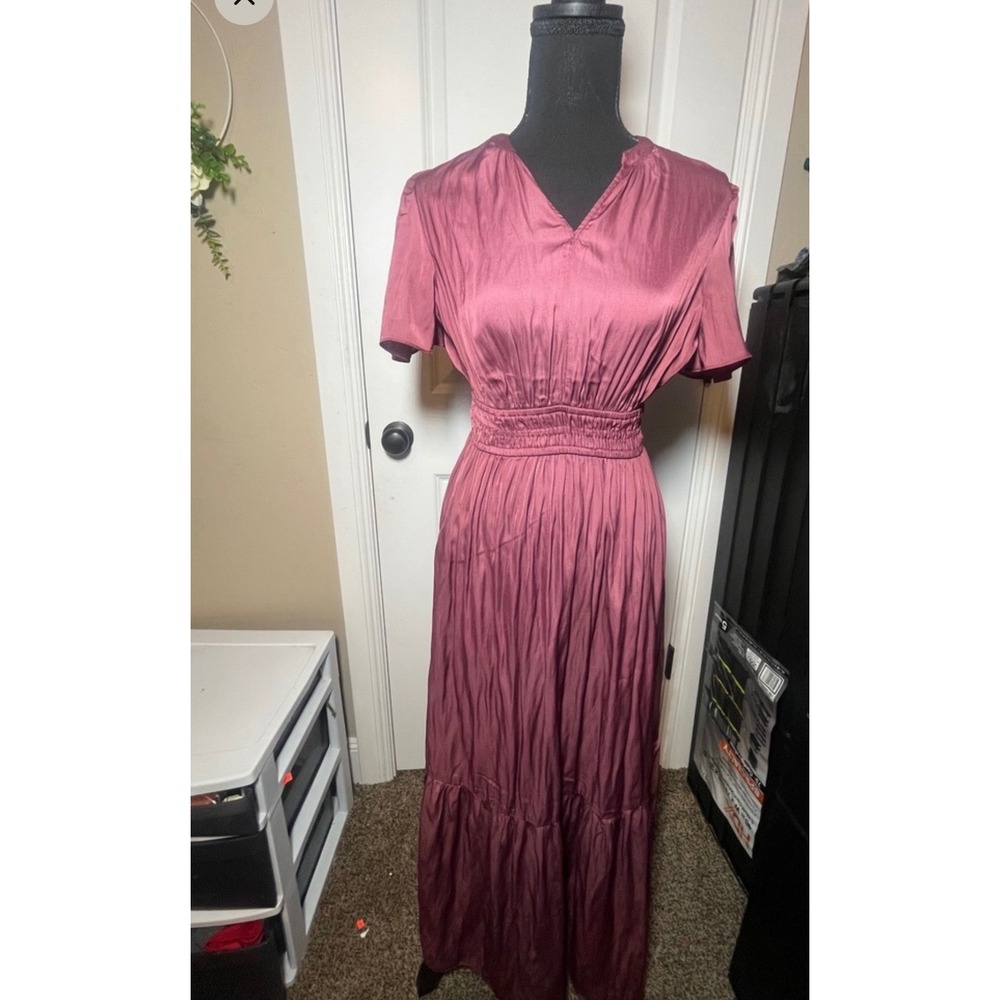 Downeast Womens Mauve Plum Satin Crinkle Tiered Smocked V-Neck Maxi Dress XS